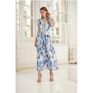 ML Monique Lhuillier Floral Dress Size 6 Blue White Midi Tea Gown Preppy Luxury